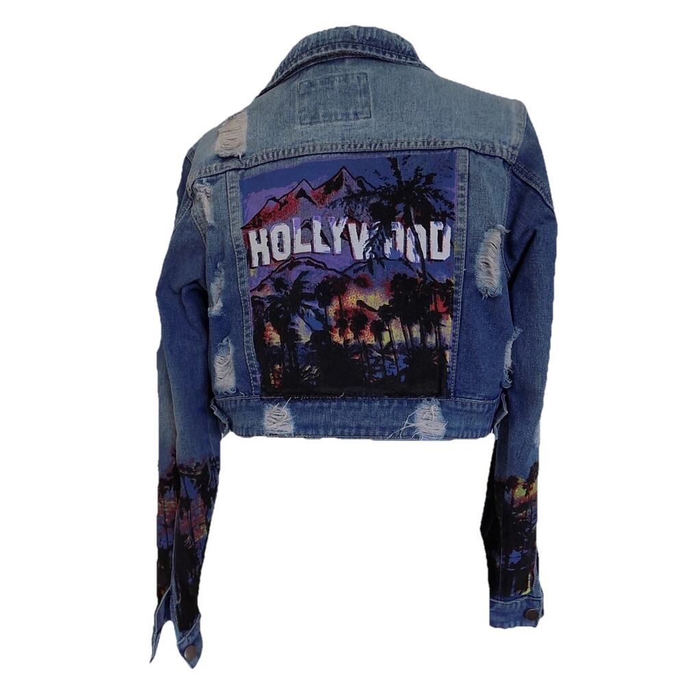 American Bazi denim jacket cropped distressed hand painted Hollywood size Small - Picture 5 of 11